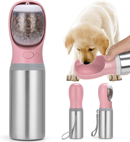 Portable Dog Water Bottle with Food Container, 14 OZ, Stainless Steel
