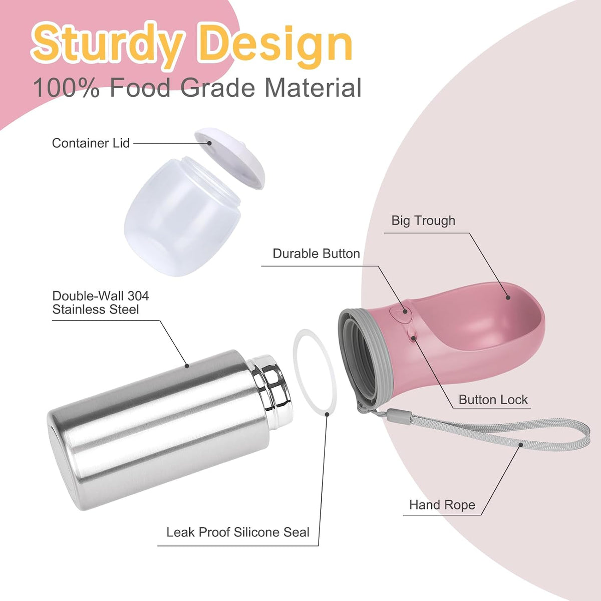 Portable Dog Water Bottle with Food Container, 14 OZ, Stainless Steel