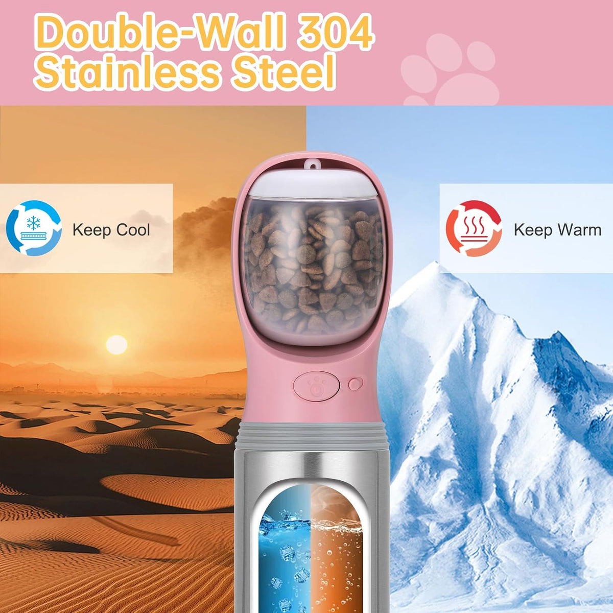 Portable Dog Water Bottle with Food Container, 14 OZ, Stainless Steel