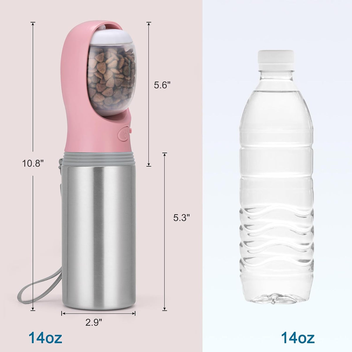 Portable Dog Water Bottle with Food Container, 14 OZ, Stainless Steel