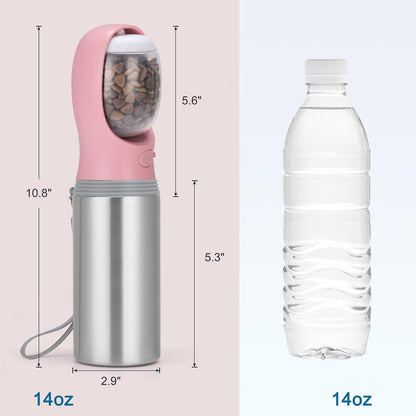 Portable Dog Water Bottle with Food Container, 14 OZ, Stainless Steel