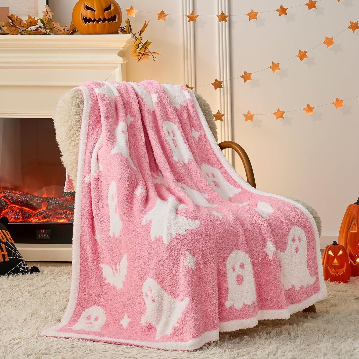 Halloween Throw Blanket Pink Ghost Blanket, Pink Bat Halloween Throw Blanket for Couch 50x60 inches, Ultra Soft Decorative Blanket