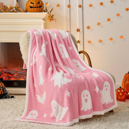 Halloween Throw Blanket Pink Ghost Blanket, Pink Bat Halloween Throw Blanket for Couch 50x60 inches, Ultra Soft Decorative Blanket