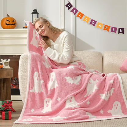 Halloween Throw Blanket Pink Ghost Blanket, Pink Bat Halloween Throw Blanket for Couch 50x60 inches, Ultra Soft Decorative Blanket