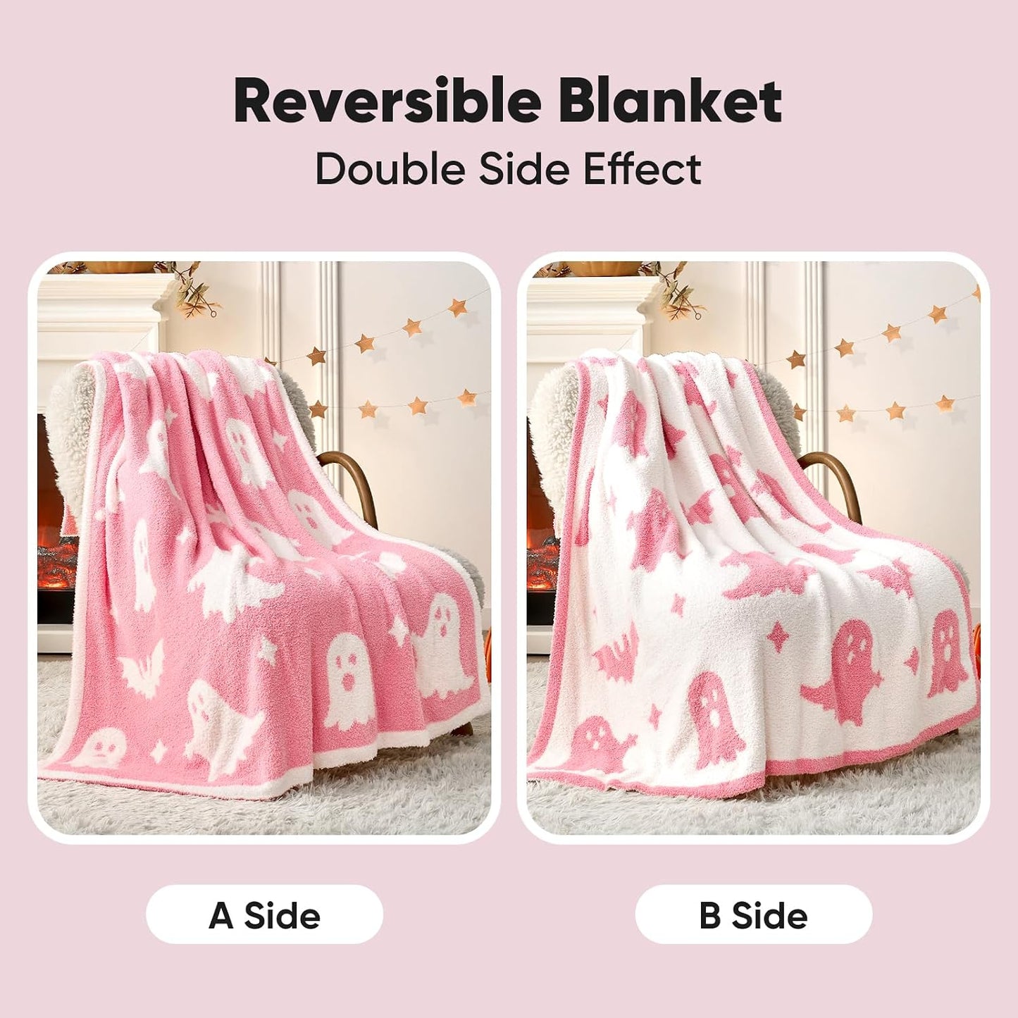 Halloween Throw Blanket Pink Ghost Blanket, Pink Bat Halloween Throw Blanket for Couch 50x60 inches, Ultra Soft Decorative Blanket