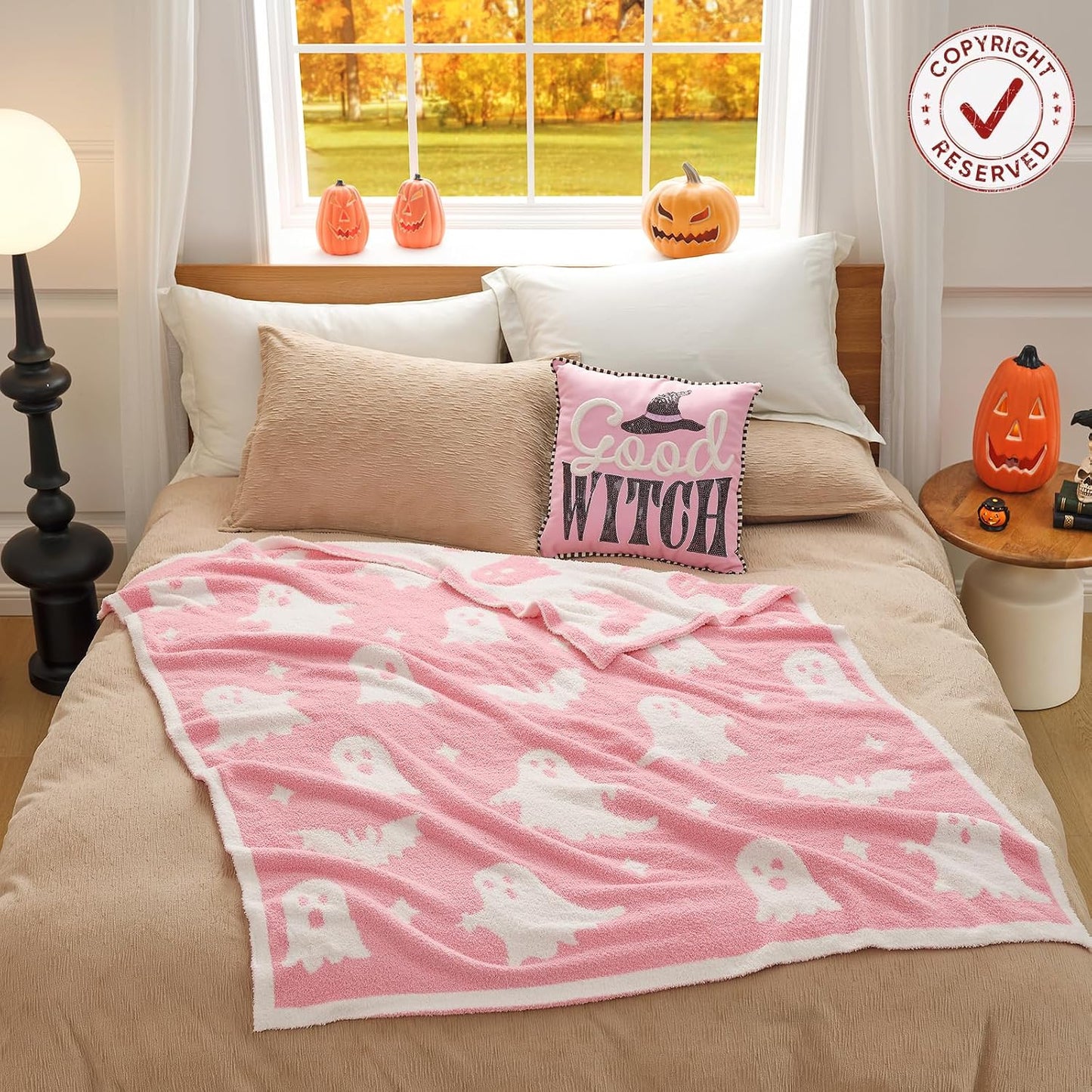 Halloween Throw Blanket Pink Ghost Blanket, Pink Bat Halloween Throw Blanket for Couch 50x60 inches, Ultra Soft Decorative Blanket