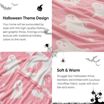 Halloween Throw Blanket Pink Ghost Blanket, Pink Bat Halloween Throw Blanket for Couch 50x60 inches, Ultra Soft Decorative Blanket
