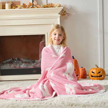 Halloween Throw Blanket Pink Ghost Blanket, Pink Bat Halloween Throw Blanket for Couch 50x60 inches, Ultra Soft Decorative Blanket