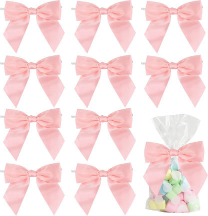 Baby Pink Satin Ribbon Bows 4.5" Pre-Tied Bows with Twist Ties for Gift Wrapping Treat Bags Boxes Baby Shower Wedding Party Favors Valentine's Day Decorations, 36 PCs