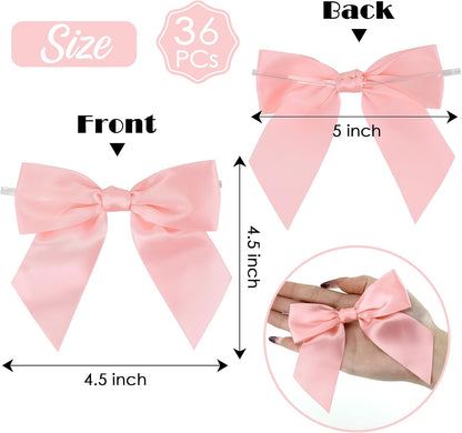 Baby Pink Satin Ribbon Bows 4.5" Pre-Tied Bows with Twist Ties for Gift Wrapping Treat Bags Boxes Baby Shower Wedding Party Favors Valentine's Day Decorations, 36 PCs
