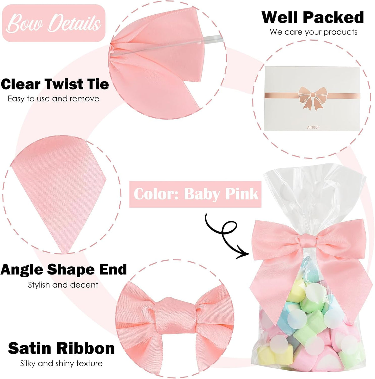 Baby Pink Satin Ribbon Bows 4.5" Pre-Tied Bows with Twist Ties for Gift Wrapping Treat Bags Boxes Baby Shower Wedding Party Favors Valentine's Day Decorations, 36 PCs