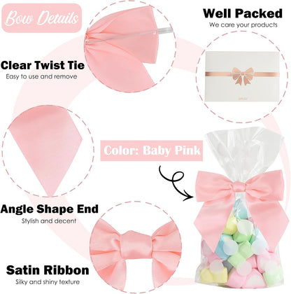 Baby Pink Satin Ribbon Bows 4.5" Pre-Tied Bows with Twist Ties for Gift Wrapping Treat Bags Boxes Baby Shower Wedding Party Favors Valentine's Day Decorations, 36 PCs
