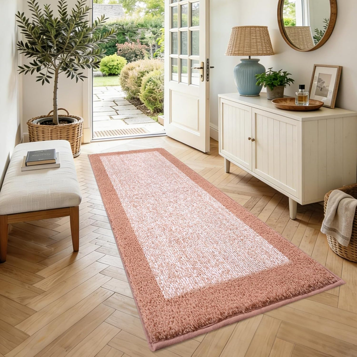60x24 Long Bathroom Rugs Non Slip Washable, Soft Absorbent Bath Mat Pink