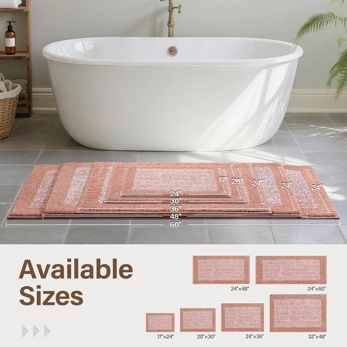 60x24 Long Bathroom Rugs Non Slip Washable, Soft Absorbent Bath Mat Pink