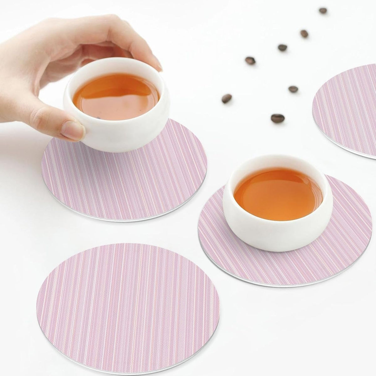 Pastel Light Pink Thin Stripes Pattern Drinks Coasters Set of 4 Leather Drink Coasters for Tabletop Protection Heat Resistant Bar Cup Mat Pad