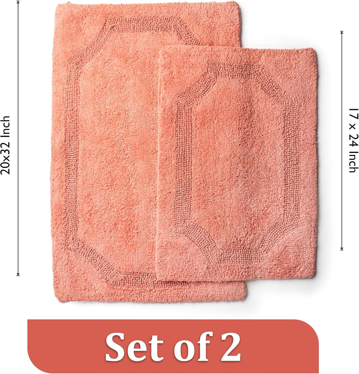 Set of 2 Reversible Bath Rug 20x32 inch -17x24 inch | 100% Cotton Hand Tufted Soft & Absorbent Bath Mat|Washable Quick Dry Shaggy Shower Mat | Non-Slip Mordern Bathroom Decor | Peach…
