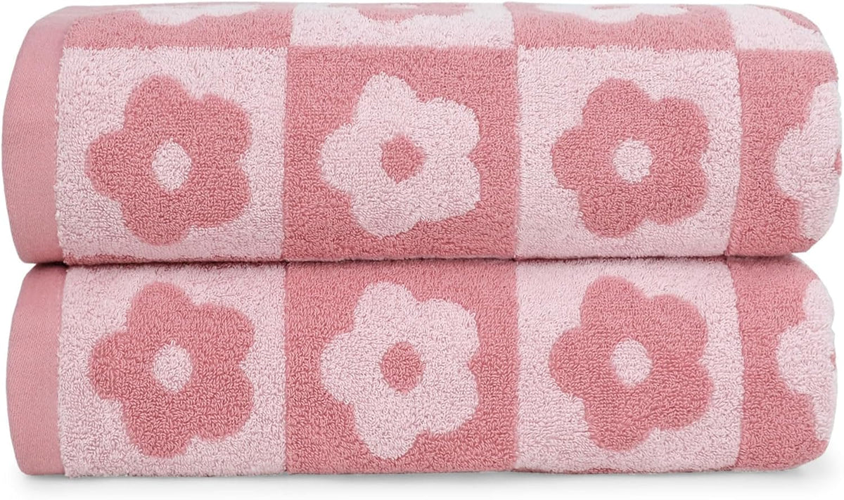 2-Pieces Luxury Bath Towels Checkered Floral, Pink Towels for Women Girls
