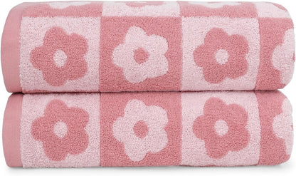 2-Pieces Luxury Bath Towels Checkered Floral, Pink Towels for Women Girls