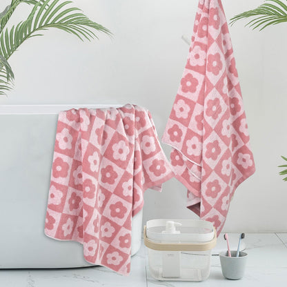 2-Pieces Luxury Bath Towels Checkered Floral, Pink Towels for Women Girls