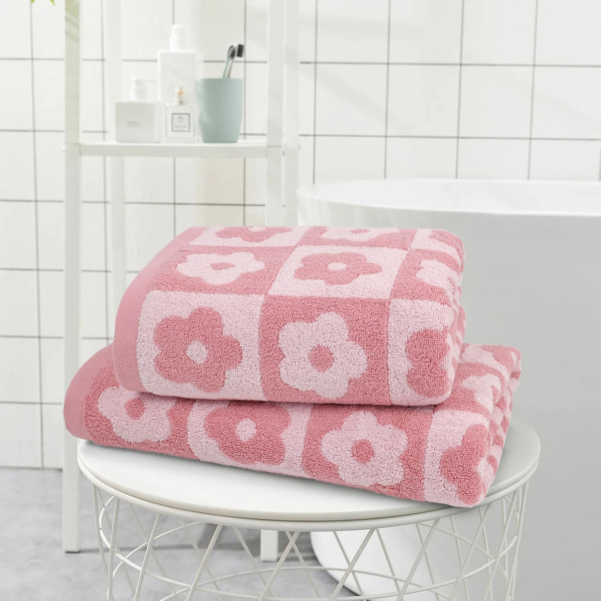 2-Pieces Luxury Bath Towels Checkered Floral, Pink Towels for Women Girls