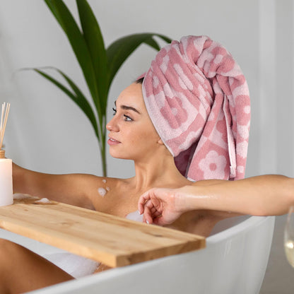2-Pieces Luxury Bath Towels Checkered Floral, Pink Towels for Women Girls