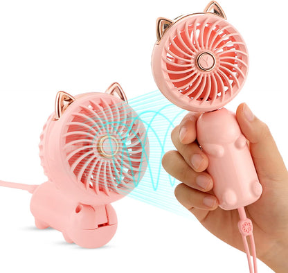 Handheld Lanyard Fan Portable, Mini Hand Held Fan with USB Rechargeable Battery, 3 Speed Strong Personal Table Fan, 8-12 Hours Small Makeup Fan for Girls Women Travel Beach (Pink)