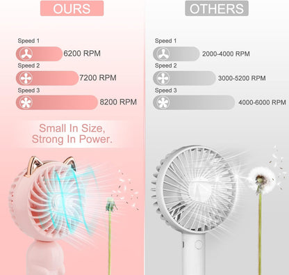Handheld Lanyard Fan Portable, Mini Hand Held Fan with USB Rechargeable Battery, 3 Speed Strong Personal Table Fan, 8-12 Hours Small Makeup Fan for Girls Women Travel Beach (Pink)