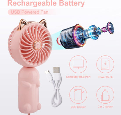 Handheld Lanyard Fan Portable, Mini Hand Held Fan with USB Rechargeable Battery, 3 Speed Strong Personal Table Fan, 8-12 Hours Small Makeup Fan for Girls Women Travel Beach (Pink)