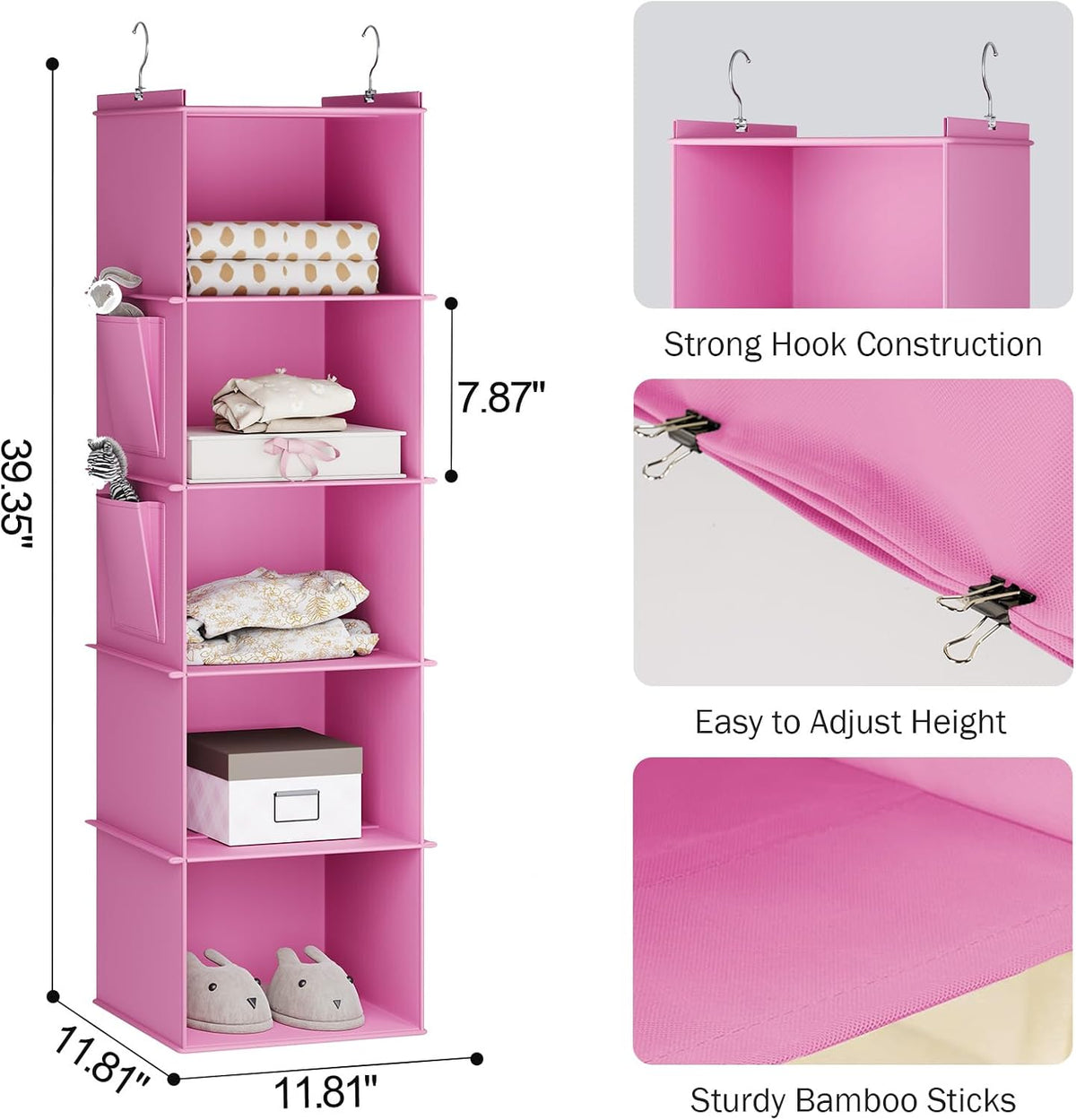 Hanging Closet Organizer and Storage, 5-Shelf, Light Pink