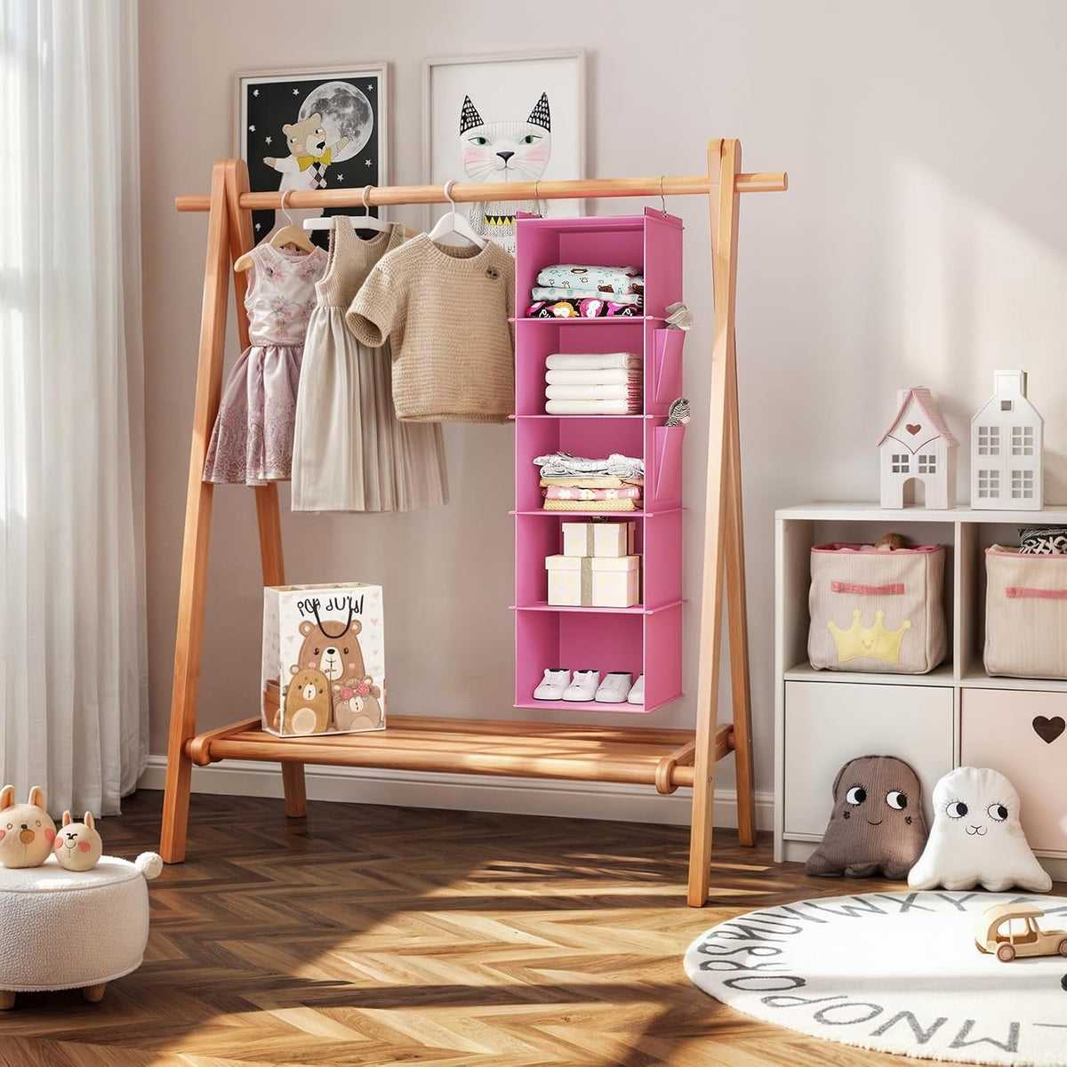 Hanging Closet Organizer and Storage, 5-Shelf, Light Pink
