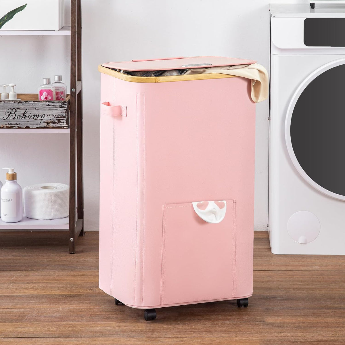 Laundry Basket with Wheels, Tall Dirty Clothes Hamper on Wheels, Rolling Laundry Hamper with lid for Dorm, Bedroom and Bathroom (Pink, 100L)