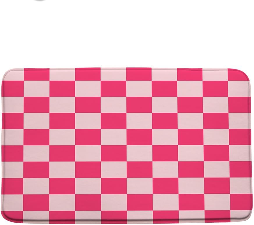 Pink Checkered Bath Mat Checked Plaid Girls Chic Cute Retro Checkerboard Vintage Geometric Aesthetic Girly Bathroom Rug Microfiber Memory Foam Shower Mat Kitchen Bath Floor Rugs, 16x24 Inch