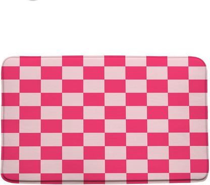 Pink Checkered Bath Mat Checked Plaid Girls Chic Cute Retro Checkerboard Vintage Geometric Aesthetic Girly Bathroom Rug Microfiber Memory Foam Shower Mat Kitchen Bath Floor Rugs, 16x24 Inch
