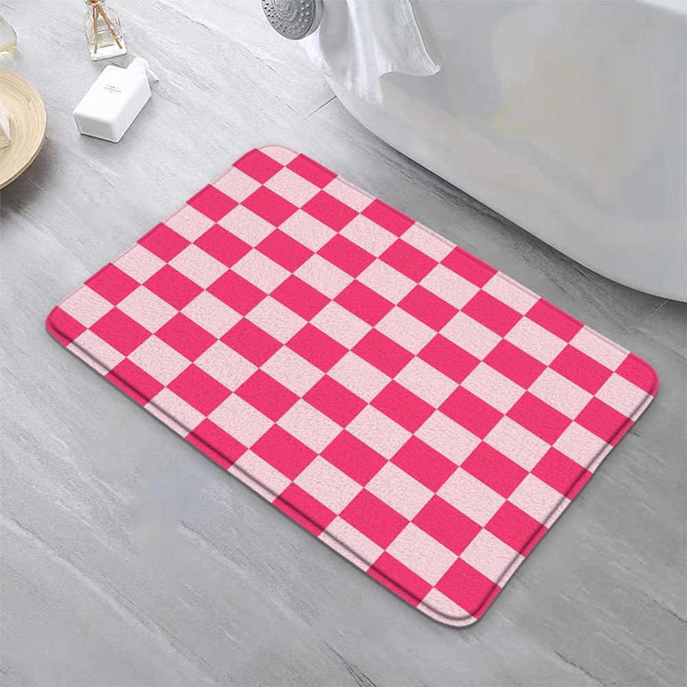 Pink Checkered Bath Mat Checked Plaid Girls Chic Cute Retro Checkerboard Vintage Geometric Aesthetic Girly Bathroom Rug Microfiber Memory Foam Shower Mat Kitchen Bath Floor Rugs, 16x24 Inch