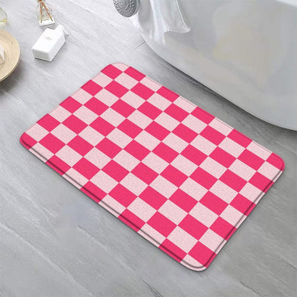 Pink Checkered Bath Mat Checked Plaid Girls Chic Cute Retro Checkerboard Vintage Geometric Aesthetic Girly Bathroom Rug Microfiber Memory Foam Shower Mat Kitchen Bath Floor Rugs, 16x24 Inch