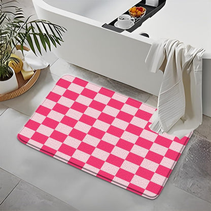 Pink Checkered Bath Mat Checked Plaid Girls Chic Cute Retro Checkerboard Vintage Geometric Aesthetic Girly Bathroom Rug Microfiber Memory Foam Shower Mat Kitchen Bath Floor Rugs, 16x24 Inch