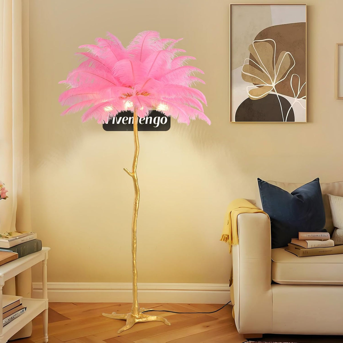 Large Feather Floor Lamp for Living Room, Long & Large Fluffy Ostrich Feathers Lamp, 3 Color Temperatures Modern Funky Tall Standing Lamp for Bedroom Inclued Bright E12 LED Bulbs (Pink)