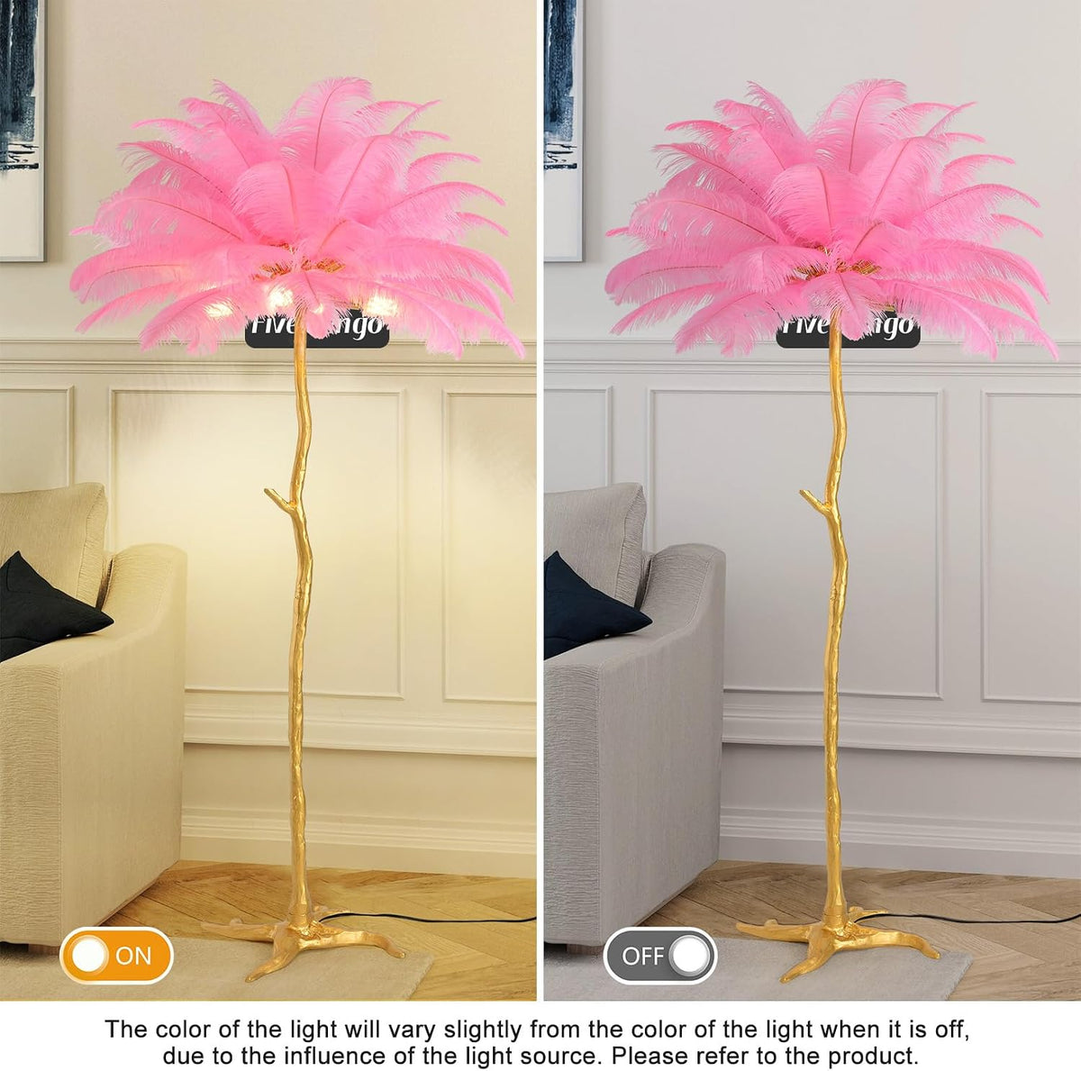 Large Feather Floor Lamp for Living Room, Long & Large Fluffy Ostrich Feathers Lamp, 3 Color Temperatures Modern Funky Tall Standing Lamp for Bedroom Inclued Bright E12 LED Bulbs (Pink)
