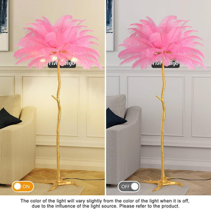 Large Feather Floor Lamp for Living Room, Long & Large Fluffy Ostrich Feathers Lamp, 3 Color Temperatures Modern Funky Tall Standing Lamp for Bedroom Inclued Bright E12 LED Bulbs (Pink)