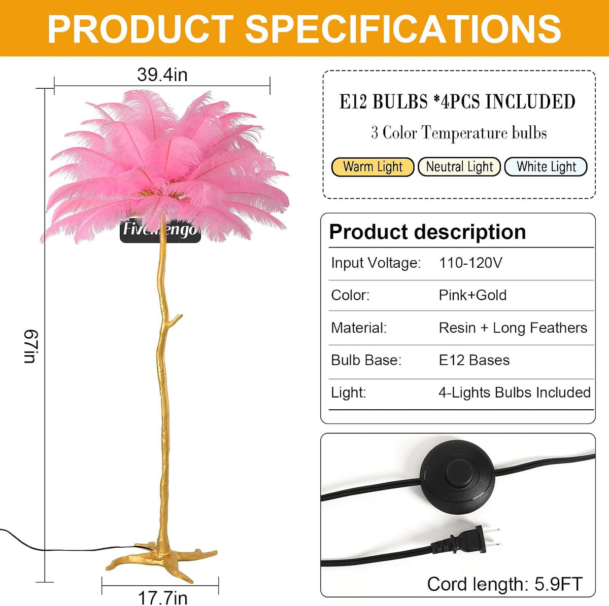 Large Feather Floor Lamp for Living Room, Long & Large Fluffy Ostrich Feathers Lamp, 3 Color Temperatures Modern Funky Tall Standing Lamp for Bedroom Inclued Bright E12 LED Bulbs (Pink)