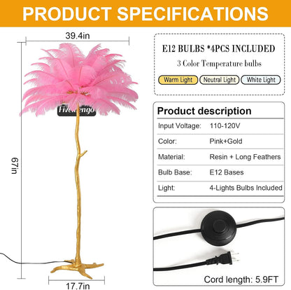 Large Feather Floor Lamp for Living Room, Long & Large Fluffy Ostrich Feathers Lamp, 3 Color Temperatures Modern Funky Tall Standing Lamp for Bedroom Inclued Bright E12 LED Bulbs (Pink)