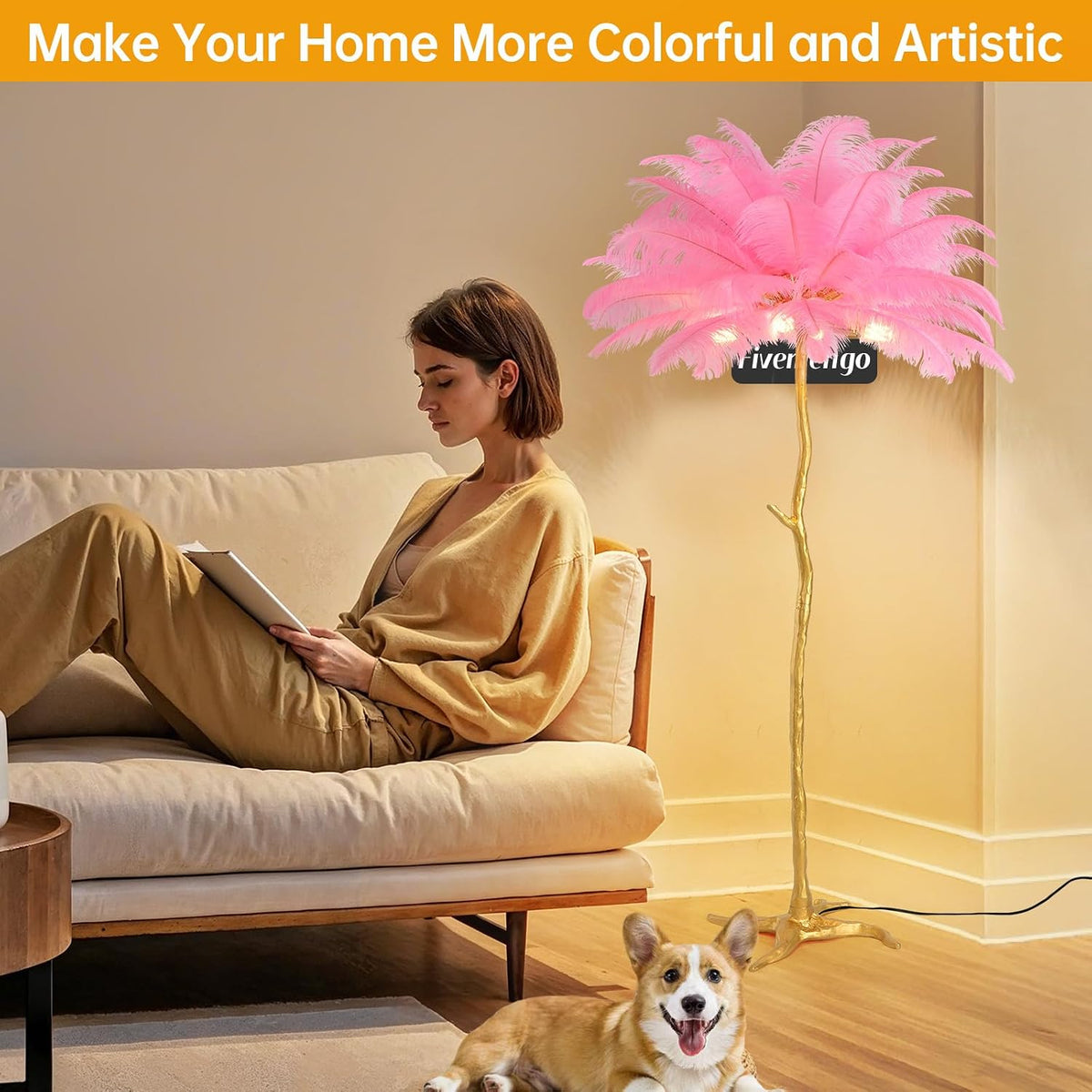 Large Feather Floor Lamp for Living Room, Long & Large Fluffy Ostrich Feathers Lamp, 3 Color Temperatures Modern Funky Tall Standing Lamp for Bedroom Inclued Bright E12 LED Bulbs (Pink)