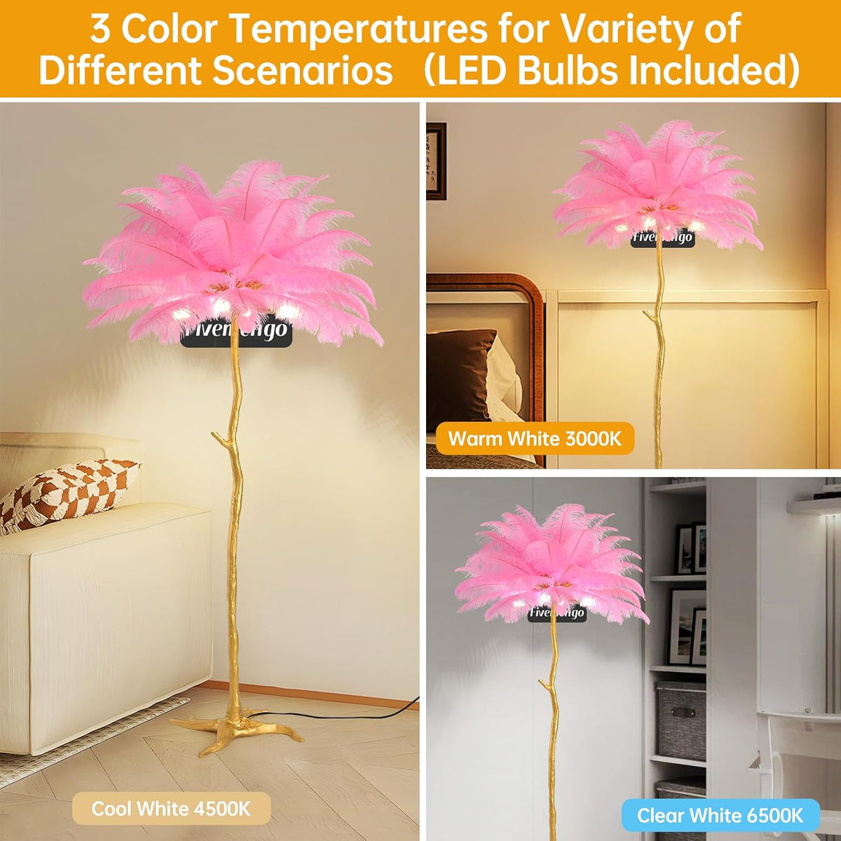 Large Feather Floor Lamp for Living Room, Long & Large Fluffy Ostrich Feathers Lamp, 3 Color Temperatures Modern Funky Tall Standing Lamp for Bedroom Inclued Bright E12 LED Bulbs (Pink)