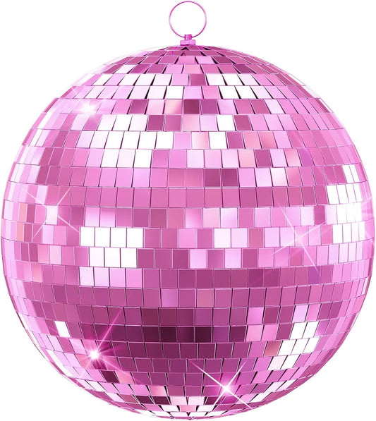 Disco Ball, 12" Large Disco Ball with Hanging Ring, Silver Mirror Balls for Party Decor, Essential for DJ Wedding Club Ceiling Pink 12Inch