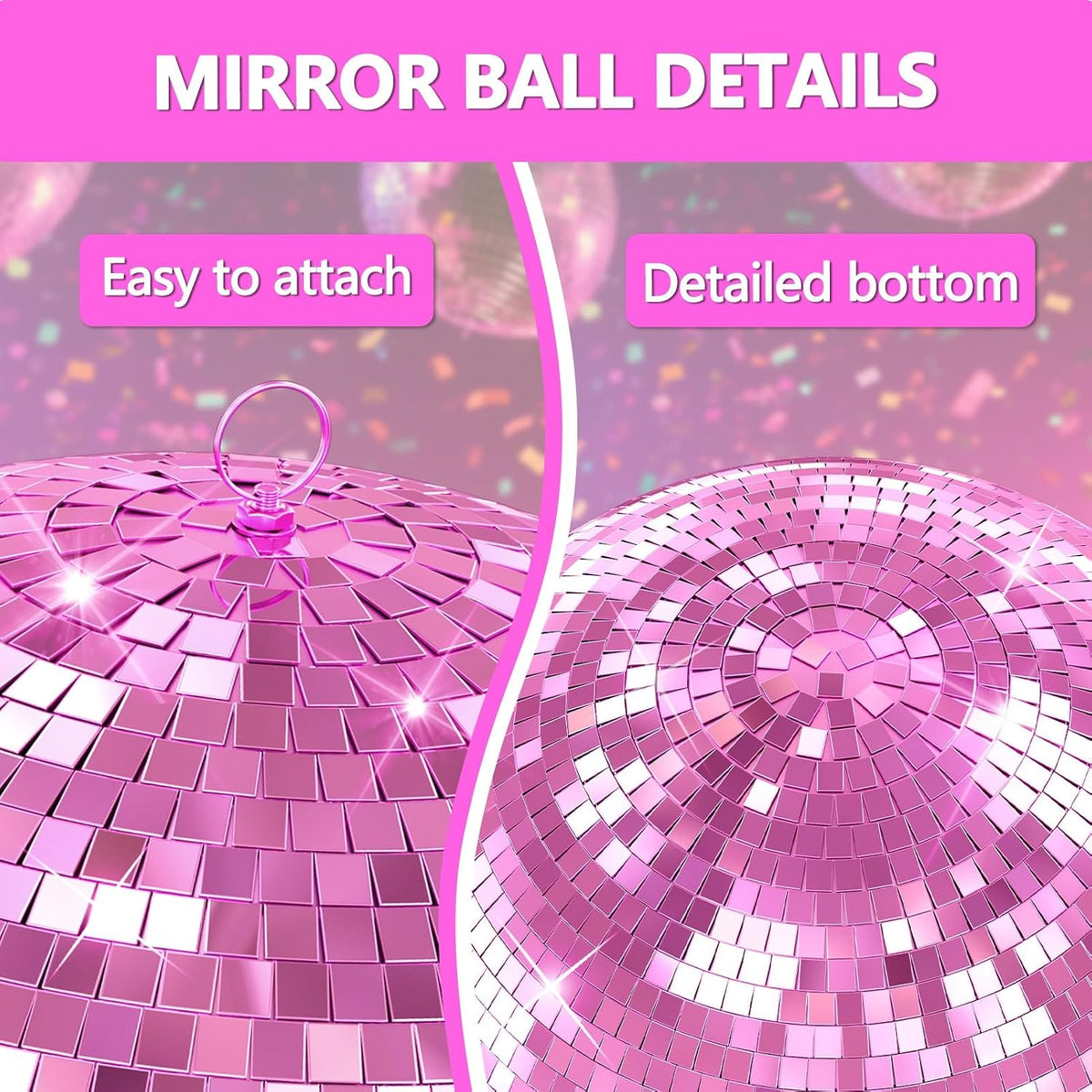 Disco Ball, 12" Large Disco Ball with Hanging Ring, Silver Mirror Balls for Party Decor, Essential for DJ Wedding Club Ceiling Pink 12Inch