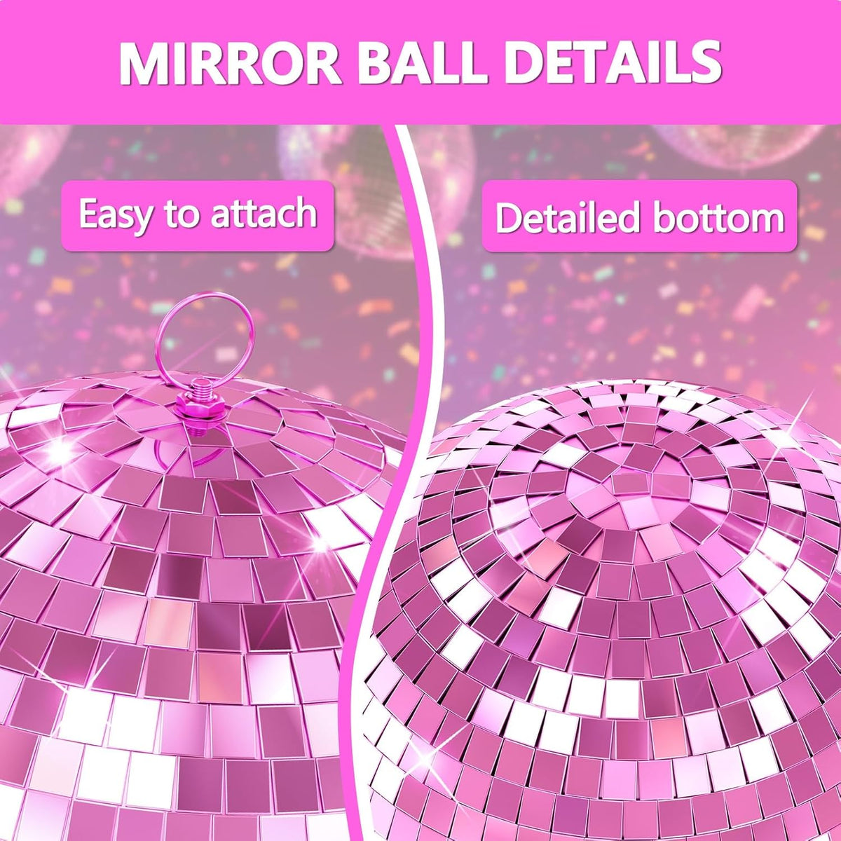 Disco Ball, 12" Large Disco Ball with Hanging Ring, Silver Mirror Balls for Party Decor, Essential for DJ Wedding Club Ceiling Pink 12Inch