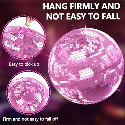 Disco Ball, 12" Large Disco Ball with Hanging Ring, Silver Mirror Balls for Party Decor, Essential for DJ Wedding Club Ceiling Pink 12Inch