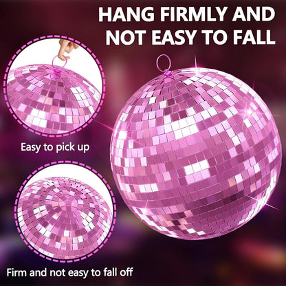 Disco Ball, 12" Large Disco Ball with Hanging Ring, Silver Mirror Balls for Party Decor, Essential for DJ Wedding Club Ceiling Pink 12Inch