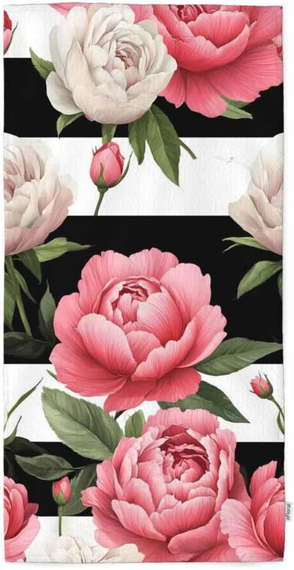 Peony and Rose Floral Hand Towels Cotton Washcloths,Pink Flower Green Leaves with Black White Stripes Soft Towels for Bathroom Kitchen,Hand Towel 15X30 Inch