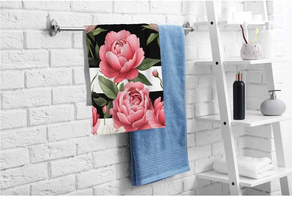Peony and Rose Floral Hand Towels Cotton Washcloths,Pink Flower Green Leaves with Black White Stripes Soft Towels for Bathroom Kitchen,Hand Towel 15X30 Inch
